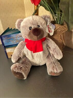PLUSH FIESTA BEAR, NEW WITH TAGS, TAN bear with RED fringe scarf. 14 inches tall